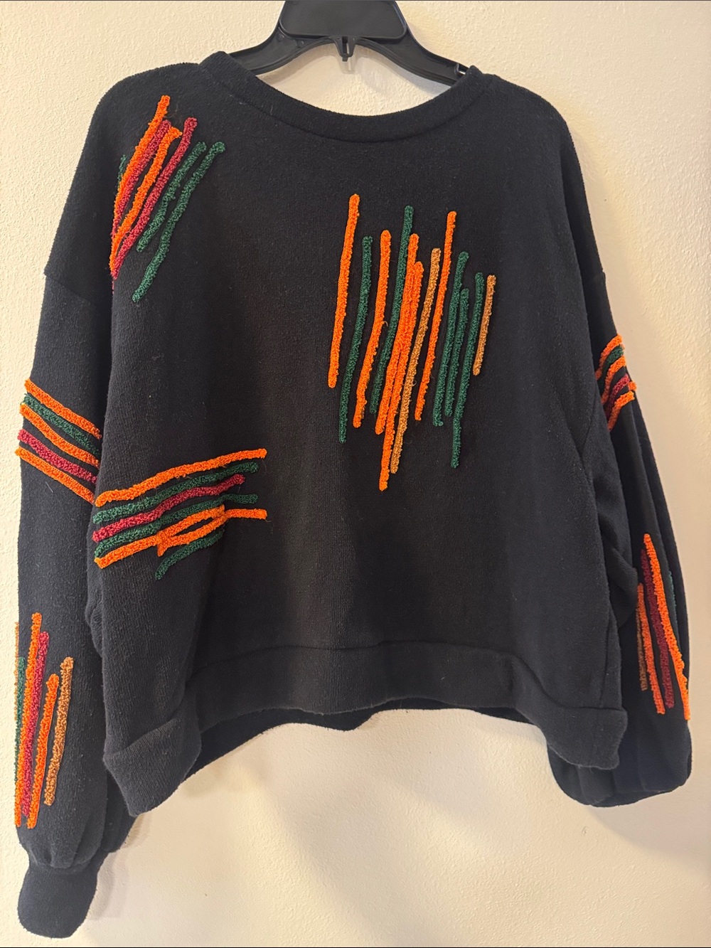Zara Black Crewneck Sweater with Orange and Green Chenille Accents